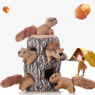 Plush squirrel dog toy set in a tree trunk design, featuring multiple squirrels for interactive pet play. Ideal for pet enrichment and entertainment.