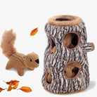 Squirrel enrichment dog toy with plush tree trunk and removable squirrels, interactive pet puzzle for mental stimulation and play.