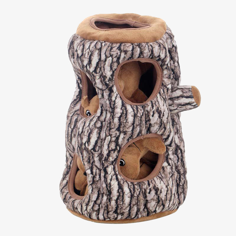 Squirrel enrichment dog toy resembling a tree trunk with plush squirrels inside. Interactive pet toy for mental stimulation and play.