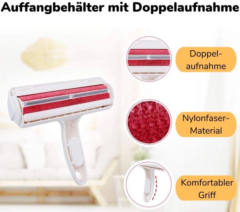 White and red lint roller with nylon fiber, double pickup, ergonomic handle.