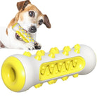 Dog chewing toy with yellow spikes, durable rubber design, promotes dental health, interactive pet play, ideal for small to medium dogs.