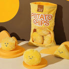 Plush potato chips toy set with cute faces, featuring a yellow bag labeled "Potato Chips Classic." Perfect for kids' playroom decor or gifts.