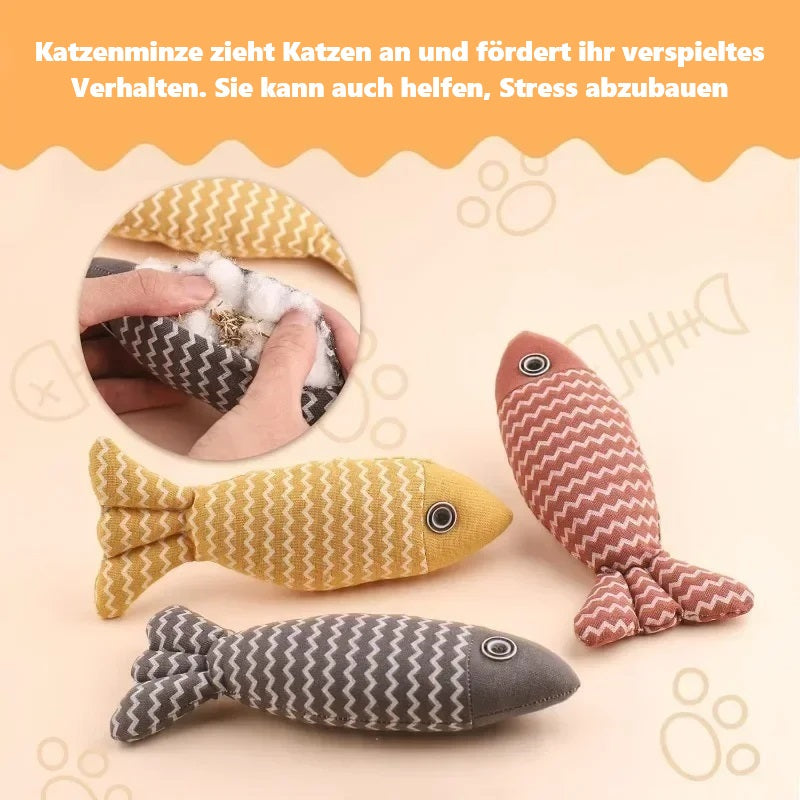 Catnip fish toys for cats in yellow, orange, and gray with zigzag patterns, designed to attract playful behavior and reduce stress.