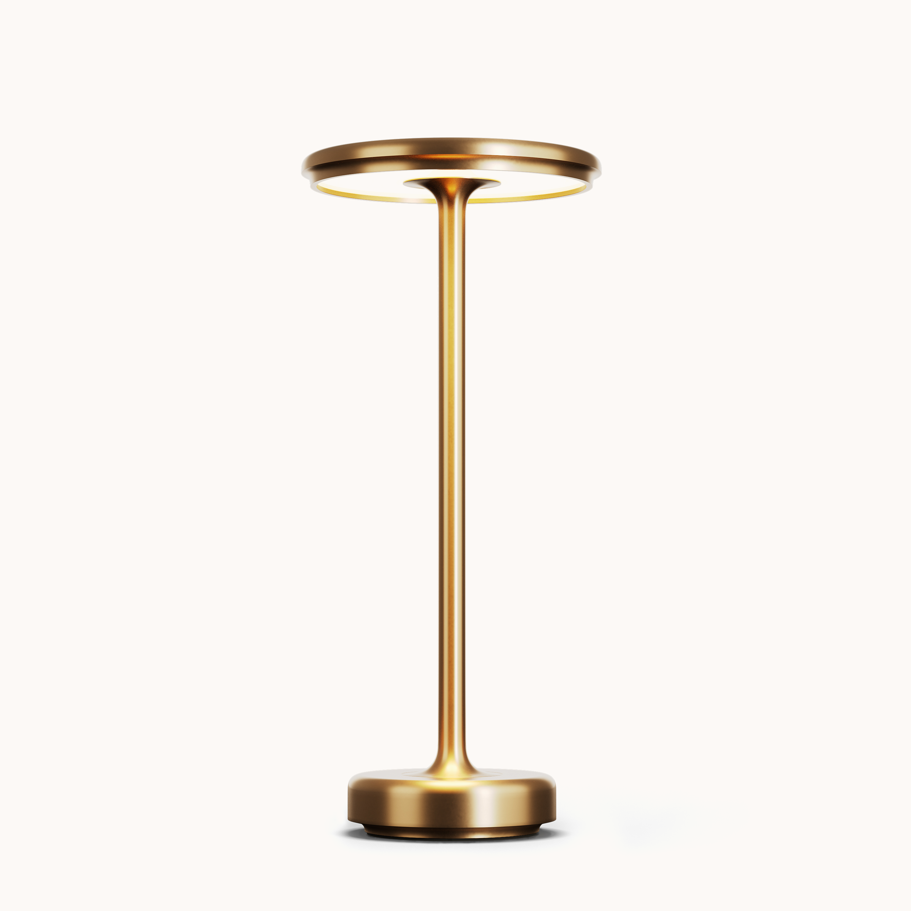 Sleek modern gold table lamp with circular LED light, minimalist design, perfect for contemporary home decor and ambient lighting solutions.