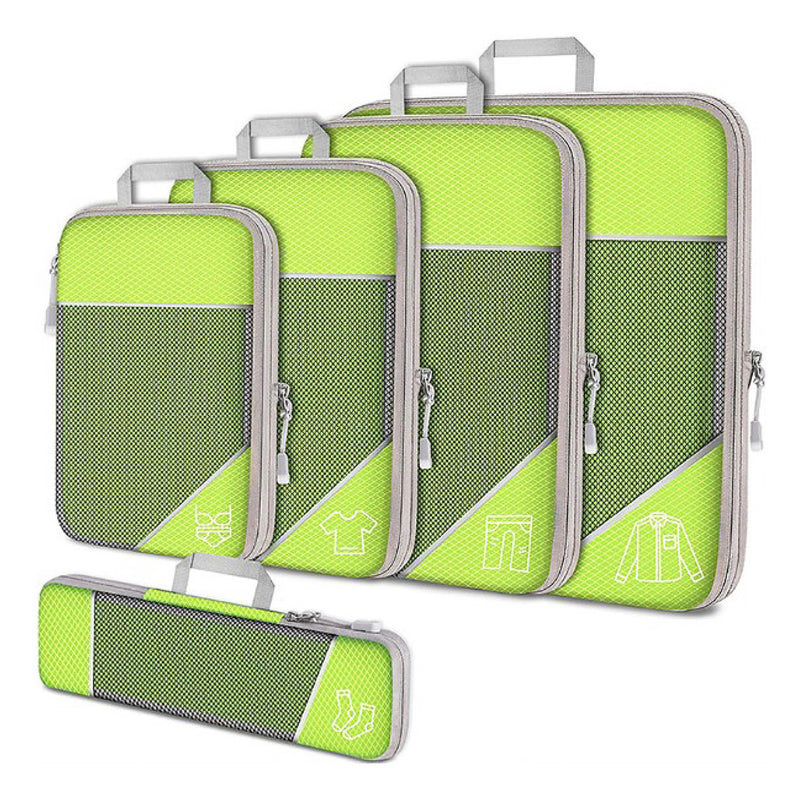 Set of green compression packing cubes with zippers, featuring icons for clothing organization. Ideal for travel, luggage organization, and space-saving packing.