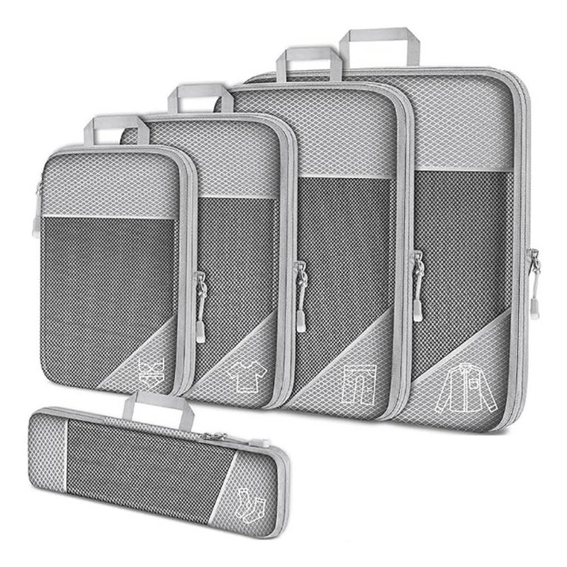 Set of five grey compression packing cubes with zippers, ideal for travel organization. Includes various sizes for efficient luggage packing.