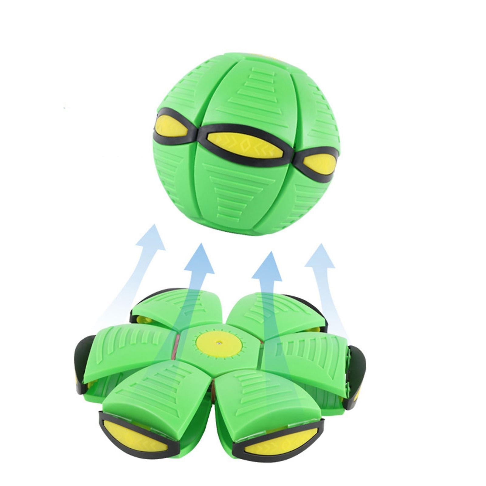 Green transforming ball toy, flat disc to ball shape, interactive outdoor play, durable plastic, vibrant design, kids' sports activity toy.