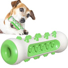 Dog chewing on green and white rubber dental toy with textured spikes, promoting pet dental health and interactive play. Ideal for small to medium dogs.