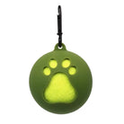 Green silicone pet waste bag holder with paw print design, featuring a carabiner clip for easy attachment. Ideal for dog walking accessories.