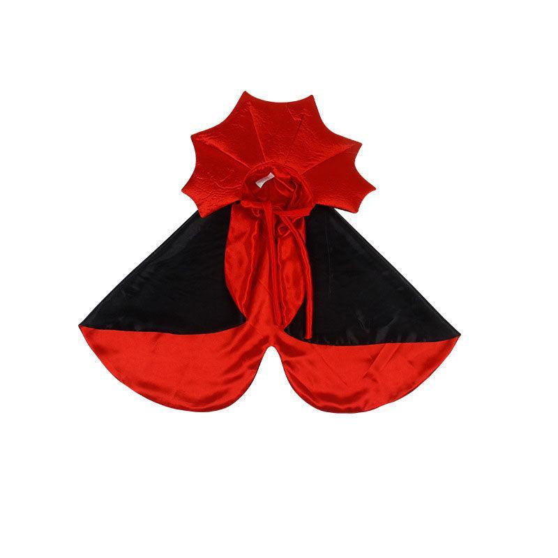 Red and black vampire cat cape costume for Halloween cosplay, featuring a bat wing design. Perfect pet accessory for festive dress-up and parties.