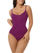 Purple shapewear bodysuit with adjustable straps, designed for a seamless fit and body contouring. Ideal for enhancing curves and providing support.