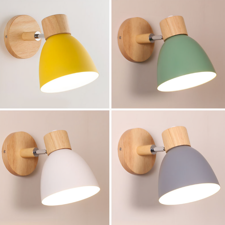 Modern wall sconces with wooden bases and colorful shades in yellow, green, white, and gray. Ideal for stylish home lighting and decor.