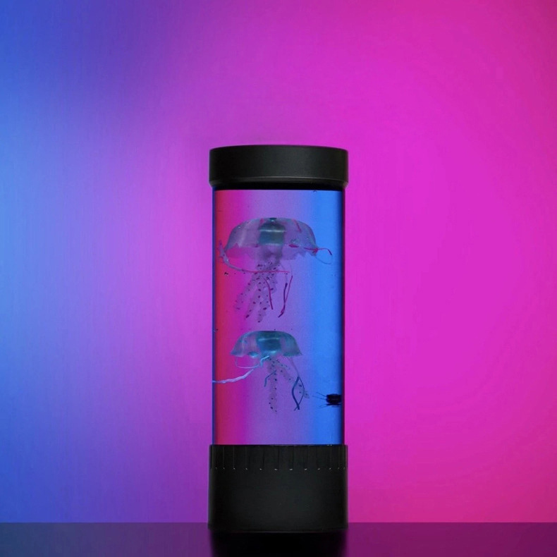 LED jellyfish lamp with two realistic jellyfish, set against a vibrant pink and blue gradient background. Perfect for home decor and ambient lighting.