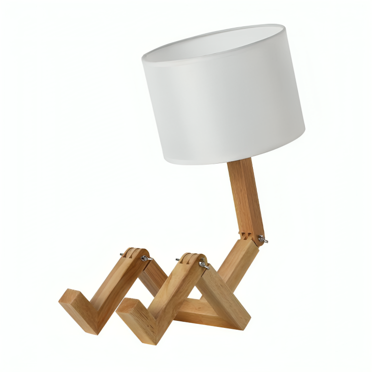 Modern wooden desk lamp with adjustable joints and white cylindrical shade, perfect for home office lighting. Scandinavian design, eco-friendly materials.