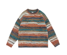 Colorful striped knit sweater with earthy tones, featuring long sleeves and a crew neck. Cozy, stylish, and perfect for fall fashion trends.