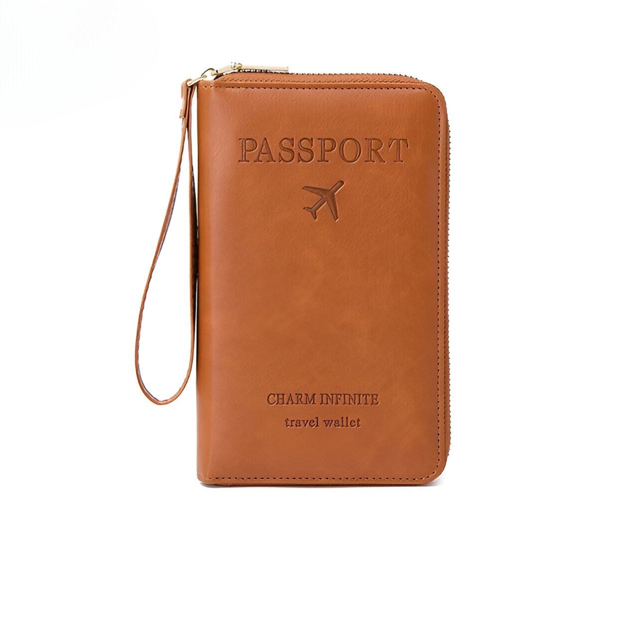 Brown leather travel wallet with zipper, embossed "Passport" and airplane icon, featuring wrist strap. Ideal for organizing travel documents.