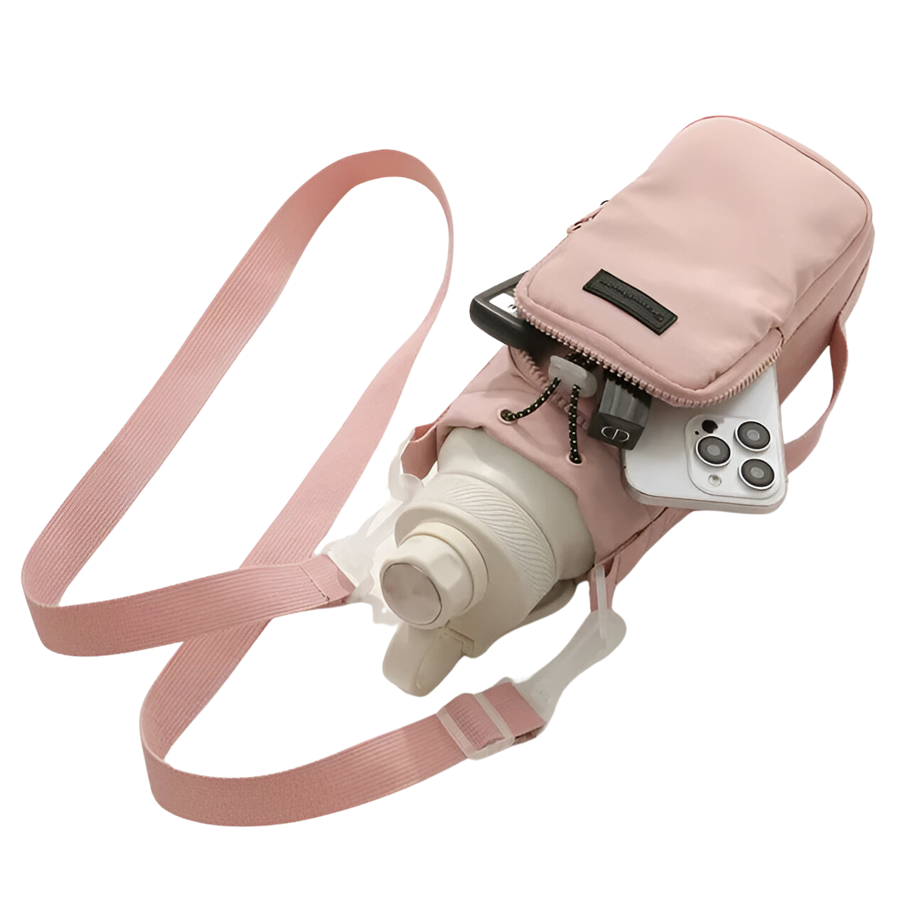 Pink crossbody water bottle holder with adjustable strap, phone pocket, and zipper closure. Ideal for travel, hiking, and outdoor activities.