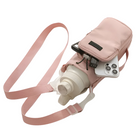 Pink crossbody water bottle holder with adjustable strap, phone pocket, and zipper closure. Ideal for travel, hiking, and outdoor activities.