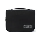 Black travel toiletry bag with handle, featuring icons for organization. Ideal for travel essentials, toiletries, and accessories storage.