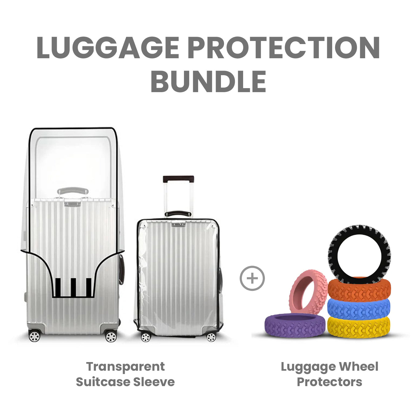 Luggage protection bundle featuring a transparent suitcase sleeve and colorful luggage wheel protectors. Travel accessories for suitcase safety.