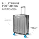 Transparent suitcase sleeve with bulletproof protection, featuring luggage wheel protectors. Durable travel accessory for secure luggage.