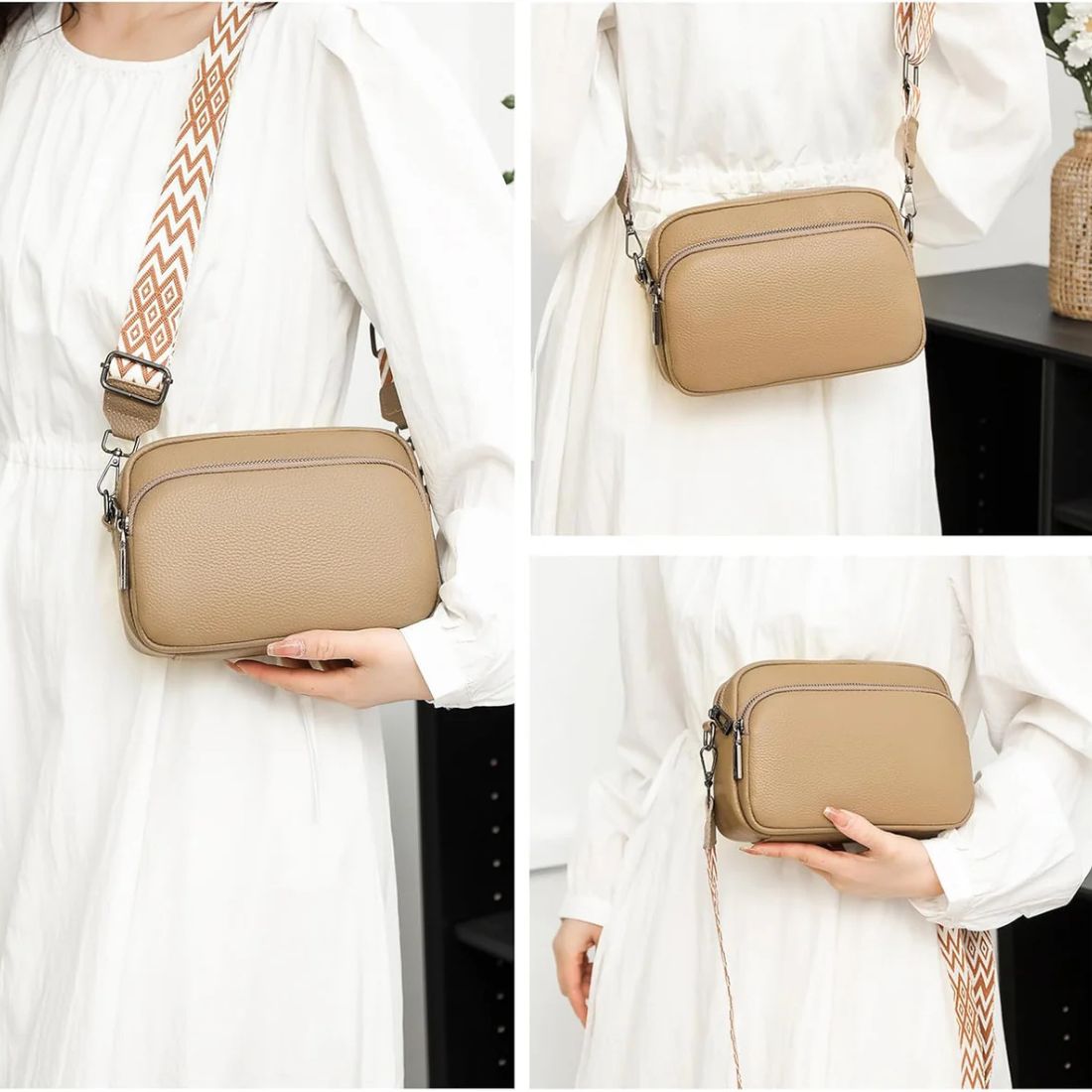 Beige leather crossbody bag with adjustable patterned strap, worn by a model in a white dress. Stylish, versatile handbag for women.