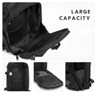 Large capacity black backpack with multiple compartments, durable zippers, and mesh pockets. Ideal for travel, school, or work organization.