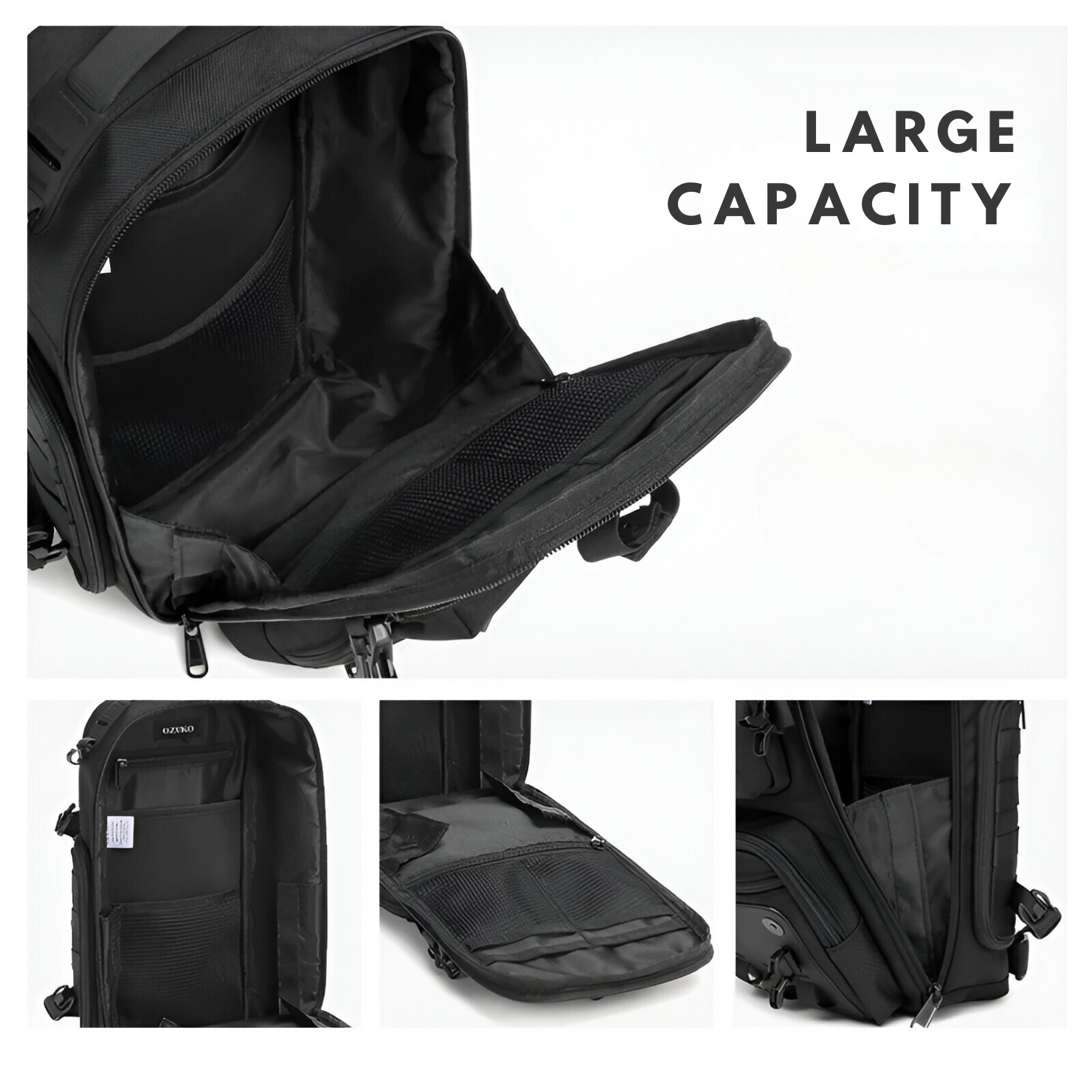 Large capacity black backpack with multiple compartments, durable zippers, and mesh pockets. Ideal for travel, school, or work organization.