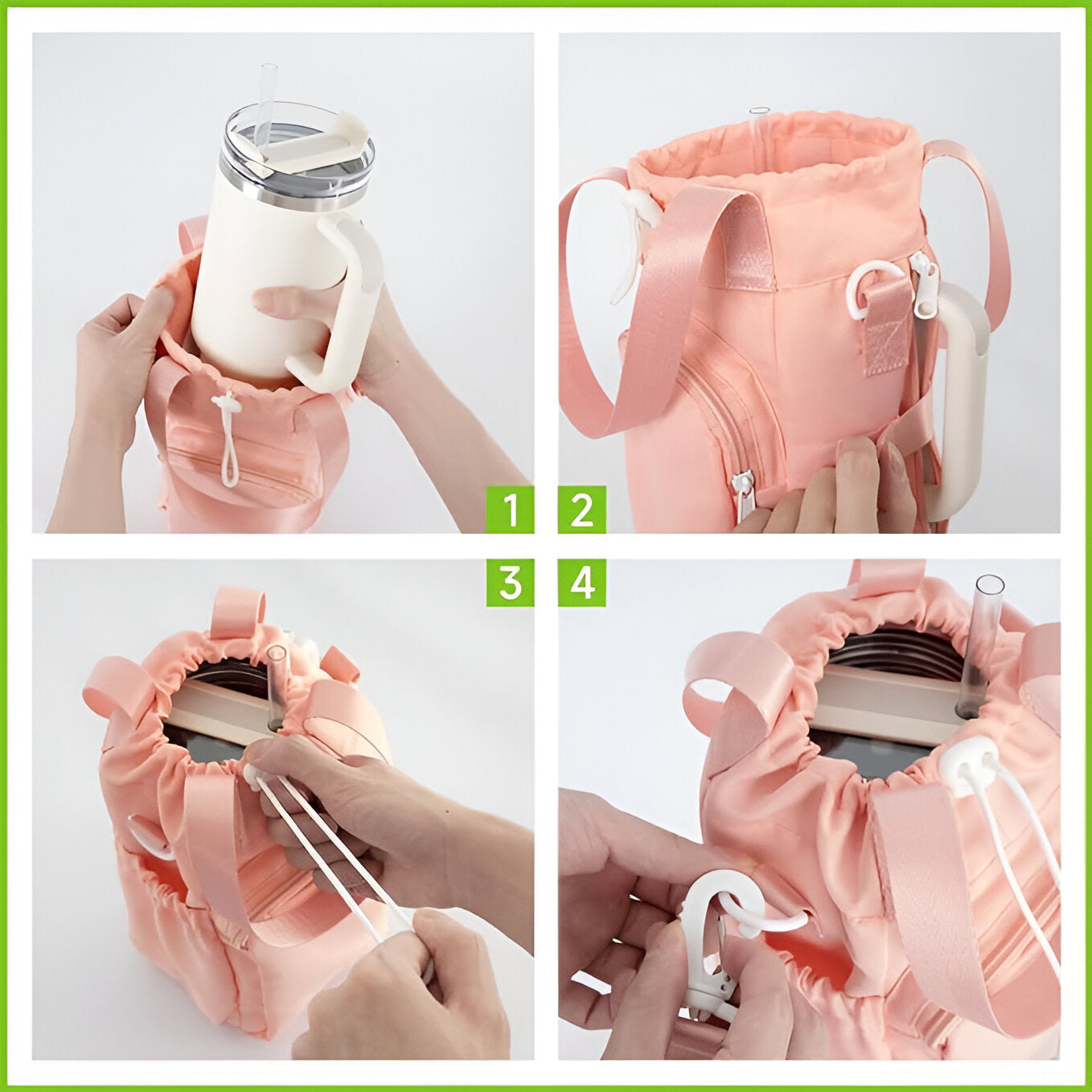 Collapsible pink insulated water bottle holder with adjustable strap, drawstring closure, and side pocket. Ideal for travel, hiking, and outdoor activities.