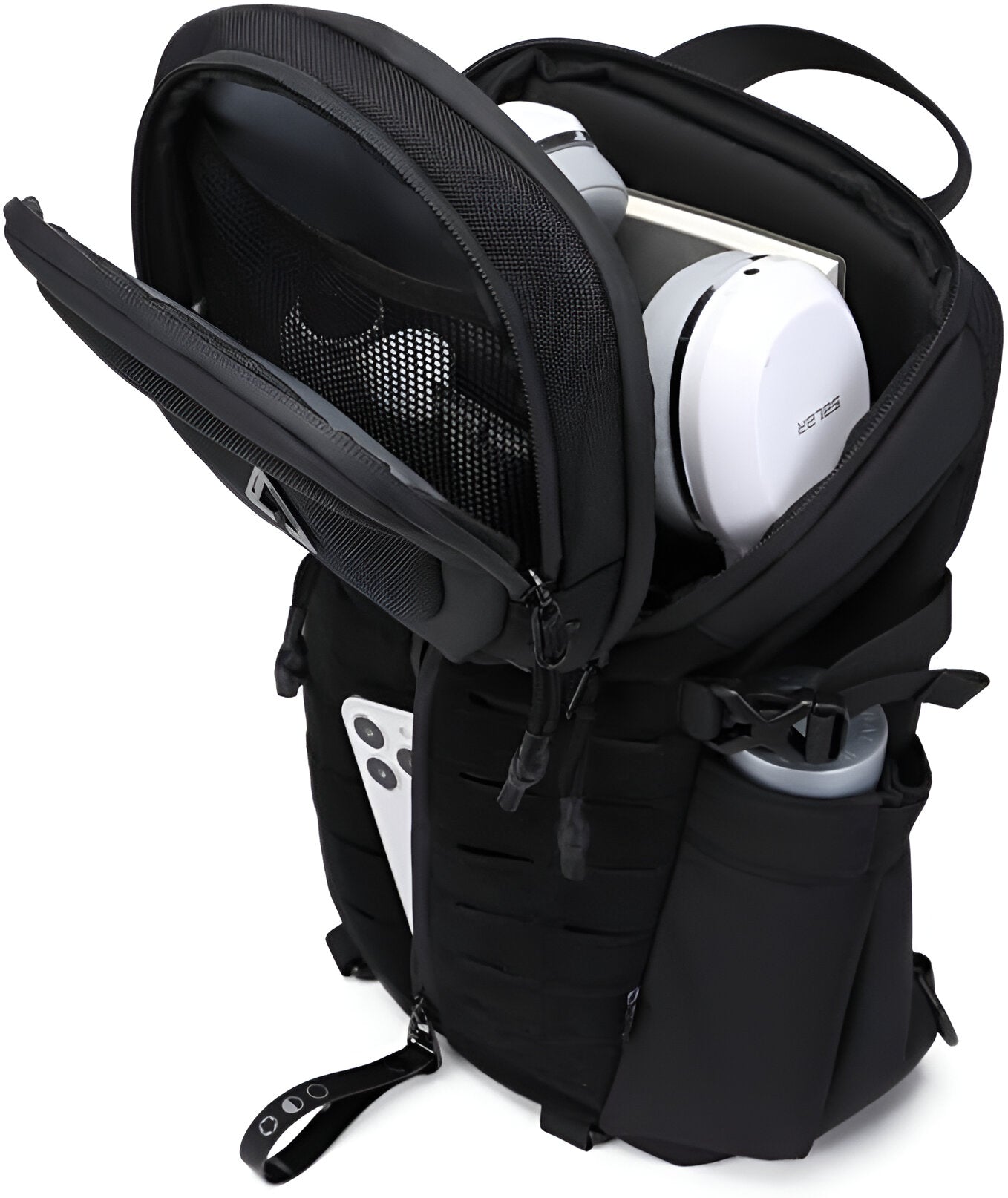 Black tactical backpack with multiple compartments, featuring a gaming controller, headphones, and a water bottle. Ideal for tech enthusiasts and travelers.