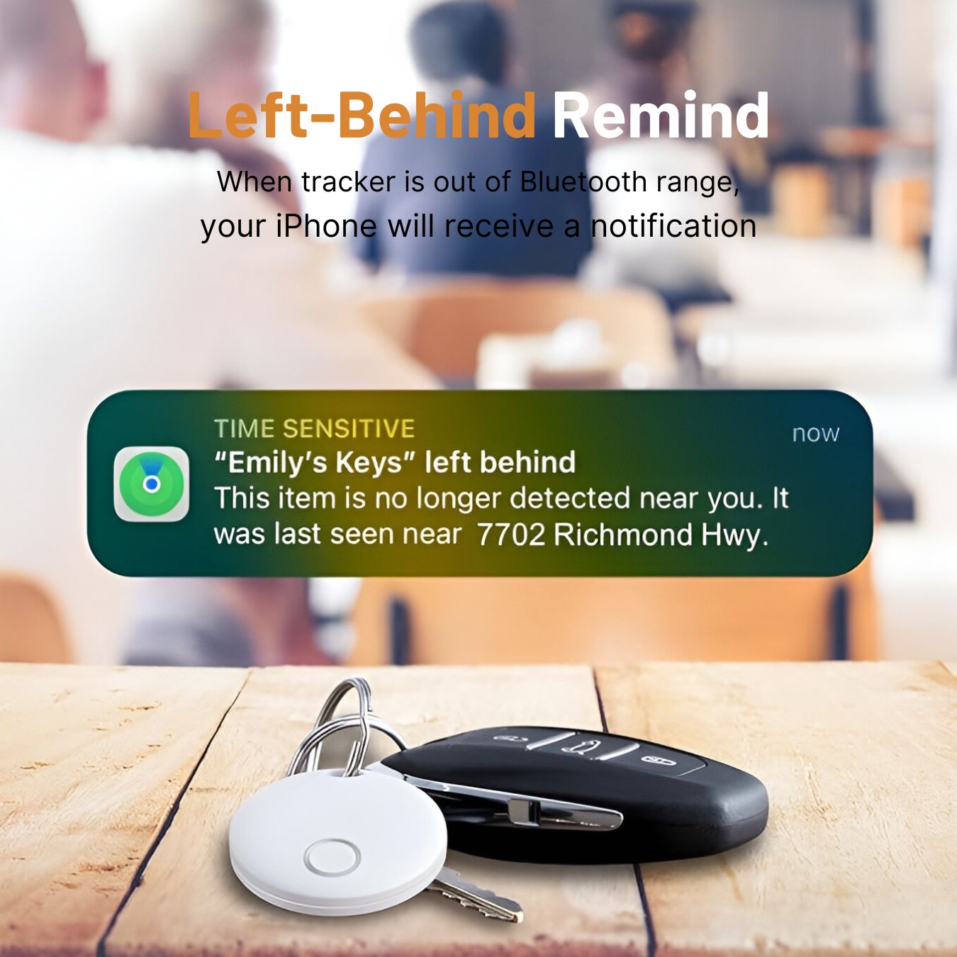 Smart key tracker on wooden table with car key, showcasing Bluetooth notification feature for lost items. Ideal for preventing key loss.