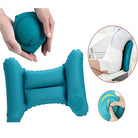 Inflatable lumbar support pillow in teal, ergonomic design for back pain relief, portable travel cushion with easy inflation, ideal for office chairs.