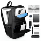 Black tech backpack with multiple compartments, showcasing organized gadgets like a tablet, smartphone, camera, and accessories. Ideal for tech enthusiasts.