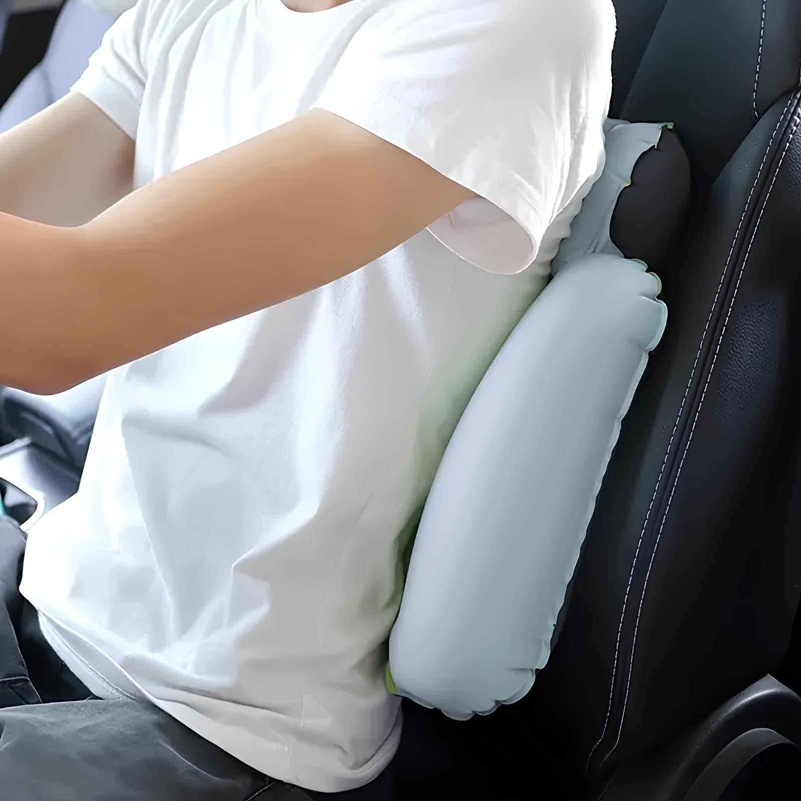 Person using an inflatable lumbar support pillow in a car seat, promoting ergonomic comfort and back pain relief for drivers.