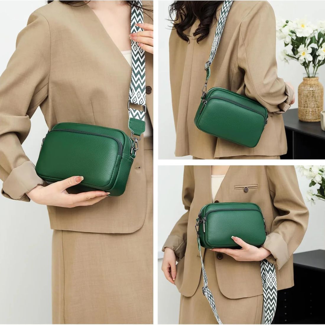 Green leather crossbody bag with adjustable patterned strap, showcased in three views. Perfect for stylish, versatile fashion and everyday use.