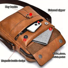 Brown leather crossbody bag with key buckle, external zipper, magnetic buckle design, and built-in pocket holding a wallet and smartphone.