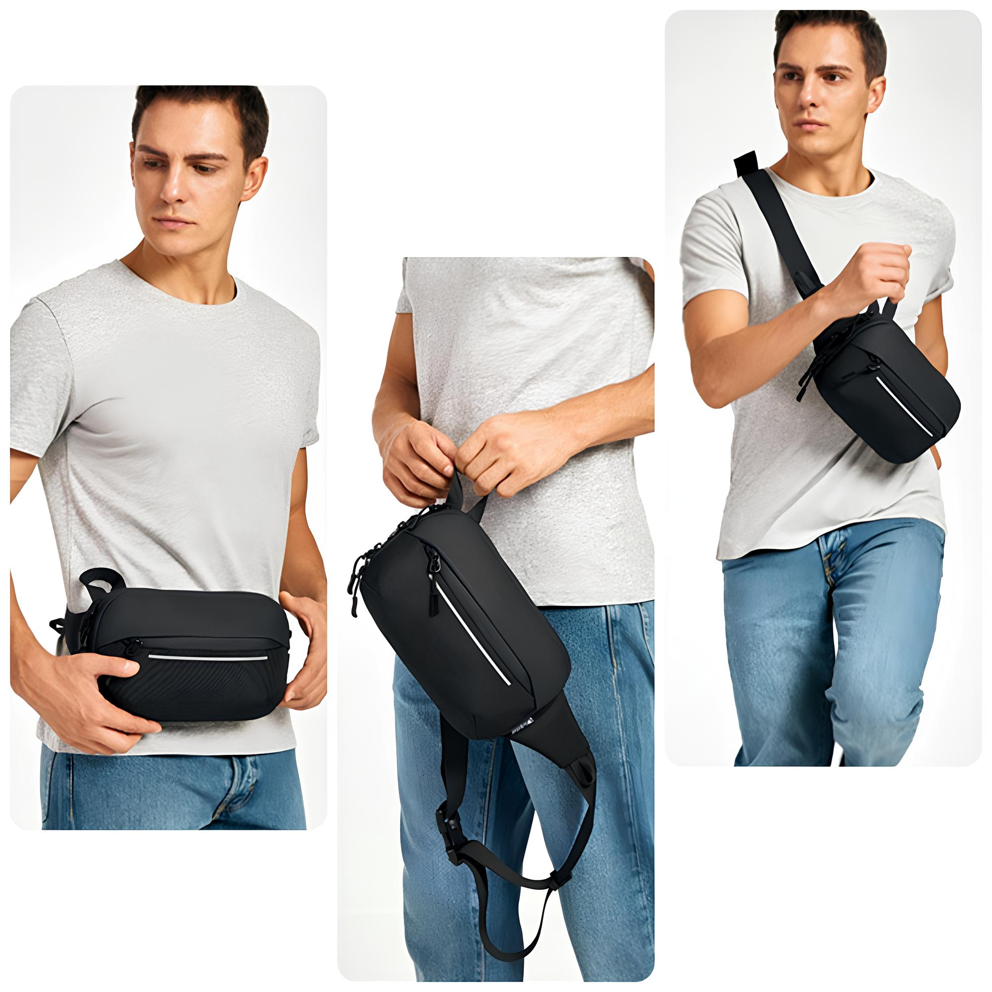 Man wearing a stylish black crossbody sling bag in three different positions. Perfect for travel, casual outings, and everyday use. Fashionable and functional.