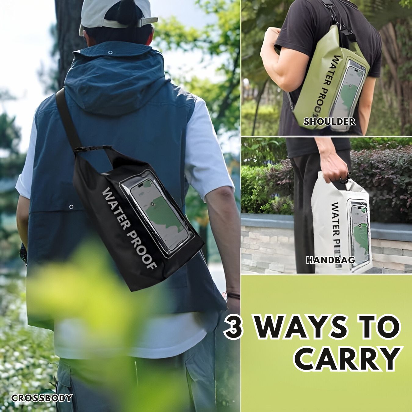 Waterproof bag with smartphone pocket, versatile for crossbody, shoulder, and handbag use. Ideal for outdoor activities and travel.