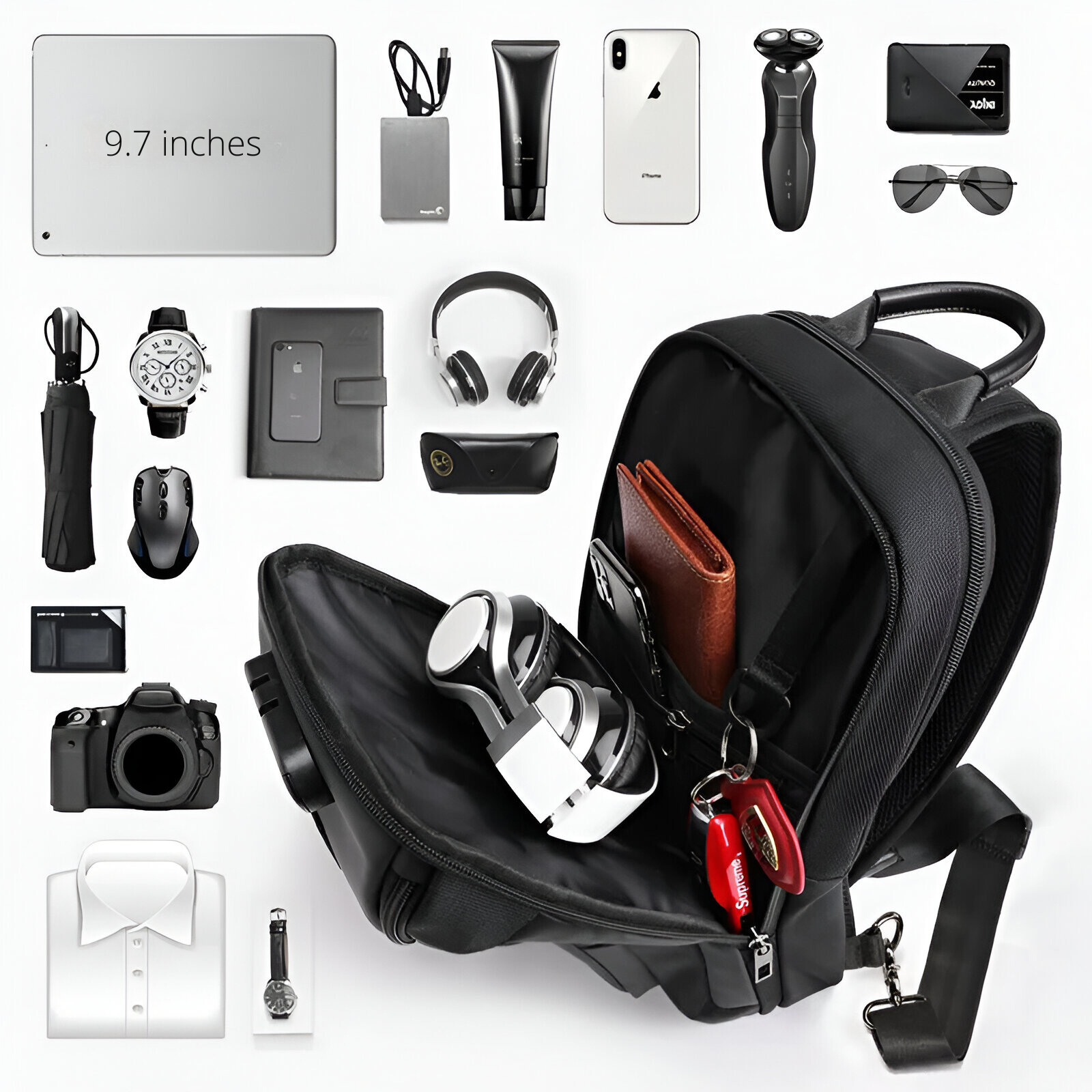 Black backpack with open compartment displaying headphones, wallet, and gadgets. Surrounded by tech accessories: tablet, smartphone, camera, and watch.