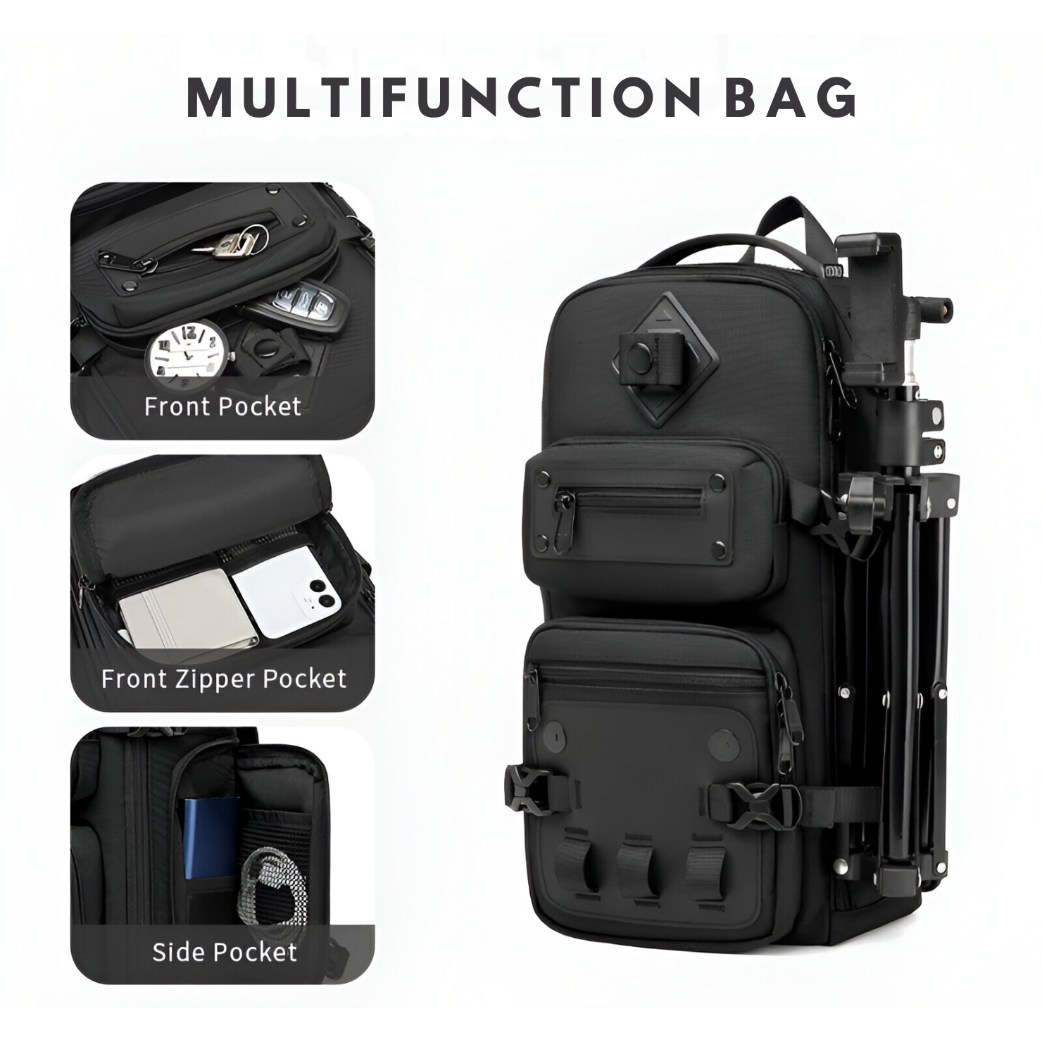 Multifunction black backpack with multiple pockets, front zipper, and side storage, ideal for travel and organization. Durable and versatile design.