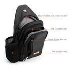 Black multi-pocket backpack with labeled compartments: main pocket with inner pocket, front pocket, front zipper pocket, side pocket, mesh bottle holder.