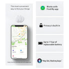 Smart tracker device with app interface on smartphone screen, highlighting features: Find My app compatibility, privacy, long battery life, Siri integration.