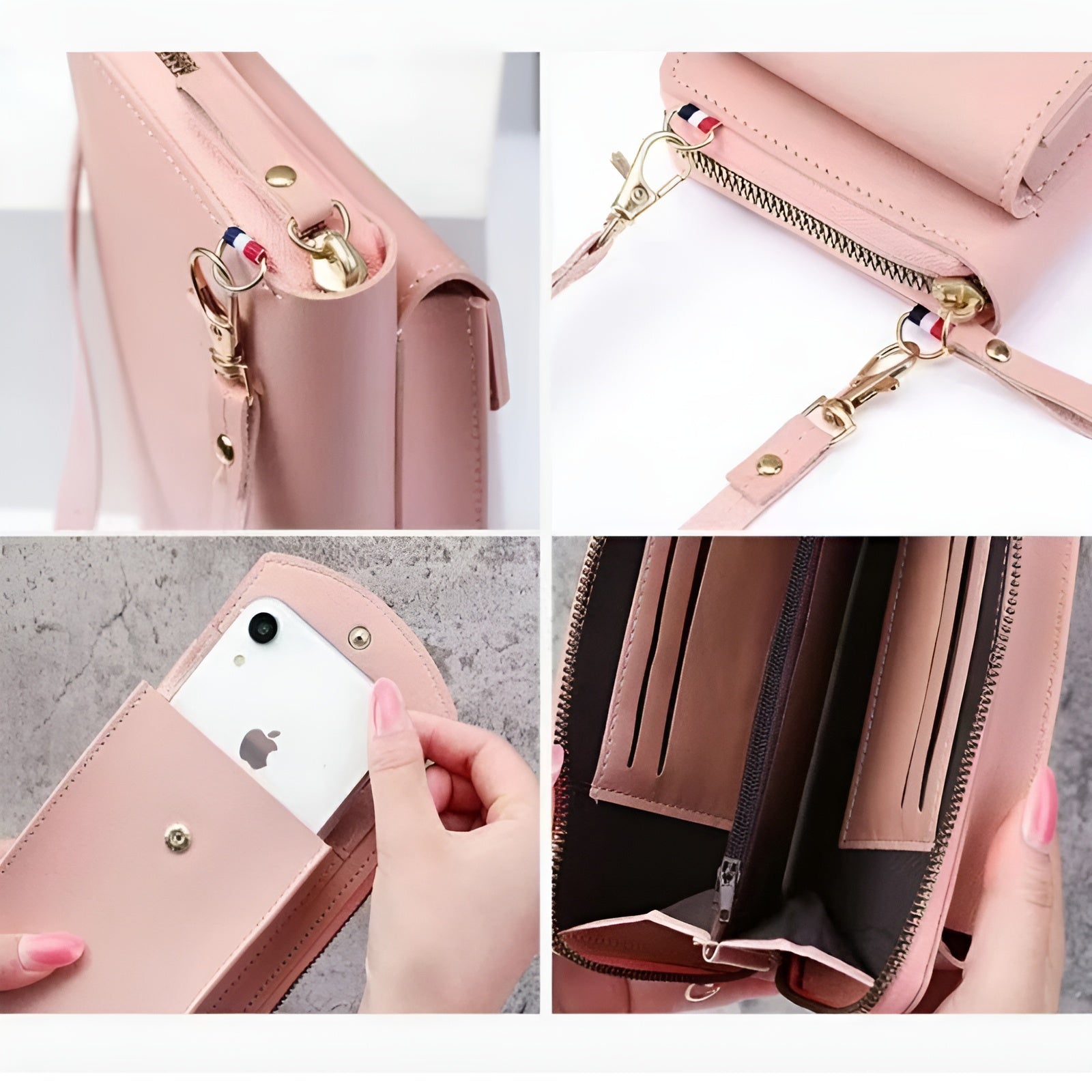 Pink leather crossbody bag with gold hardware, featuring a smartphone pocket, multiple compartments, and a secure zipper closure. Fashionable and functional.