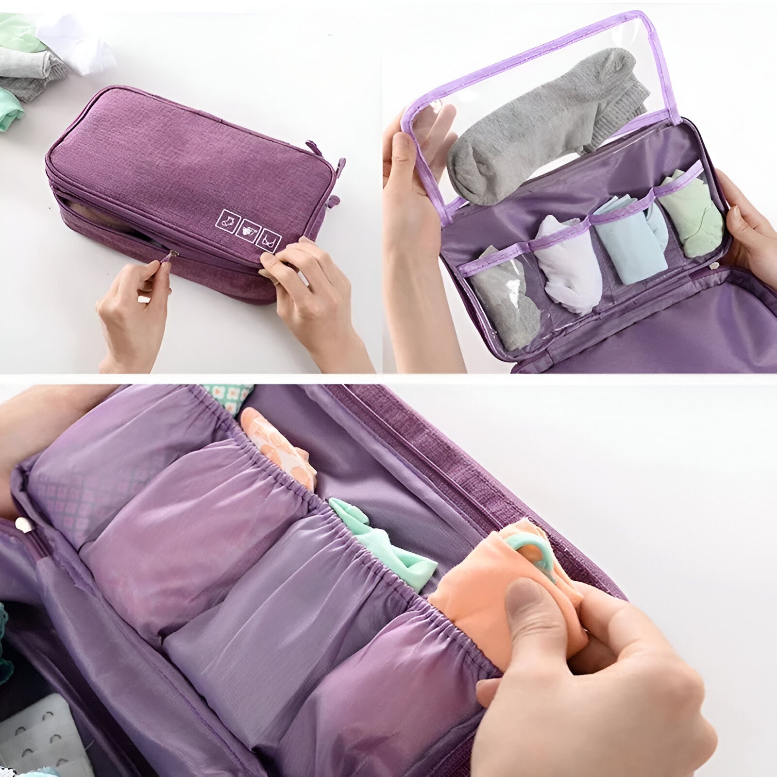 Purple travel organizer bag with multiple compartments for socks and underwear, featuring a transparent zippered pocket. Ideal for efficient packing.