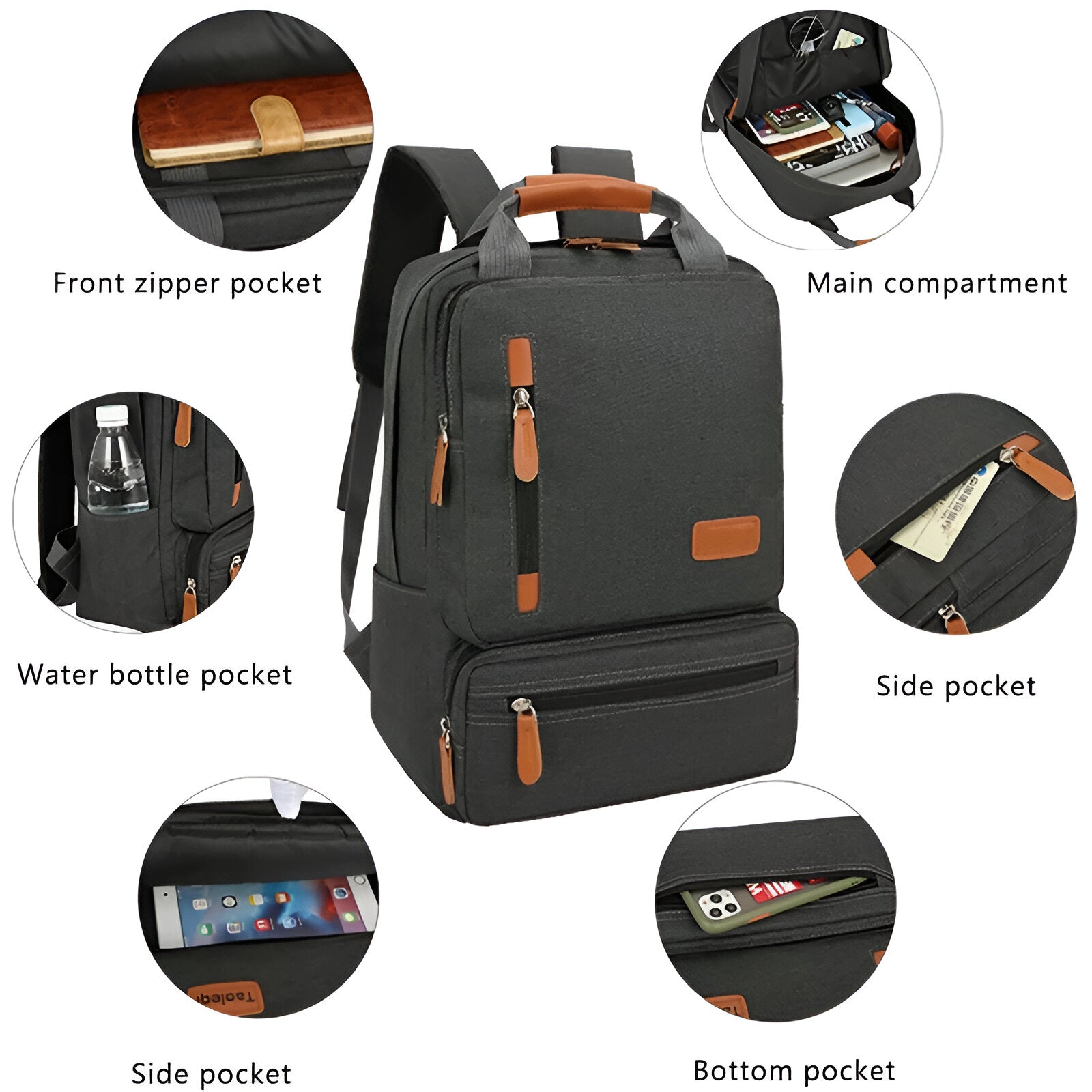 Stylish black backpack with brown accents, featuring a front zipper pocket, main compartment, water bottle pocket, side pocket, and bottom pocket.