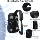 Anti-theft sling backpack with breathable design, adjustable buckle, wide shoulder strap, back pocket, and sunglass holder. Ideal for travel security.