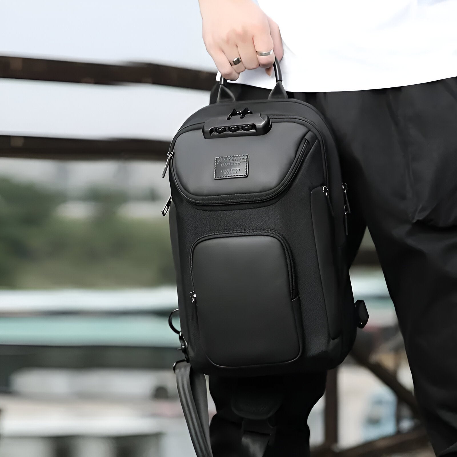 Sleek black leather backpack with multiple compartments, ideal for travel and daily use. Stylish, durable, and versatile design for modern lifestyles.