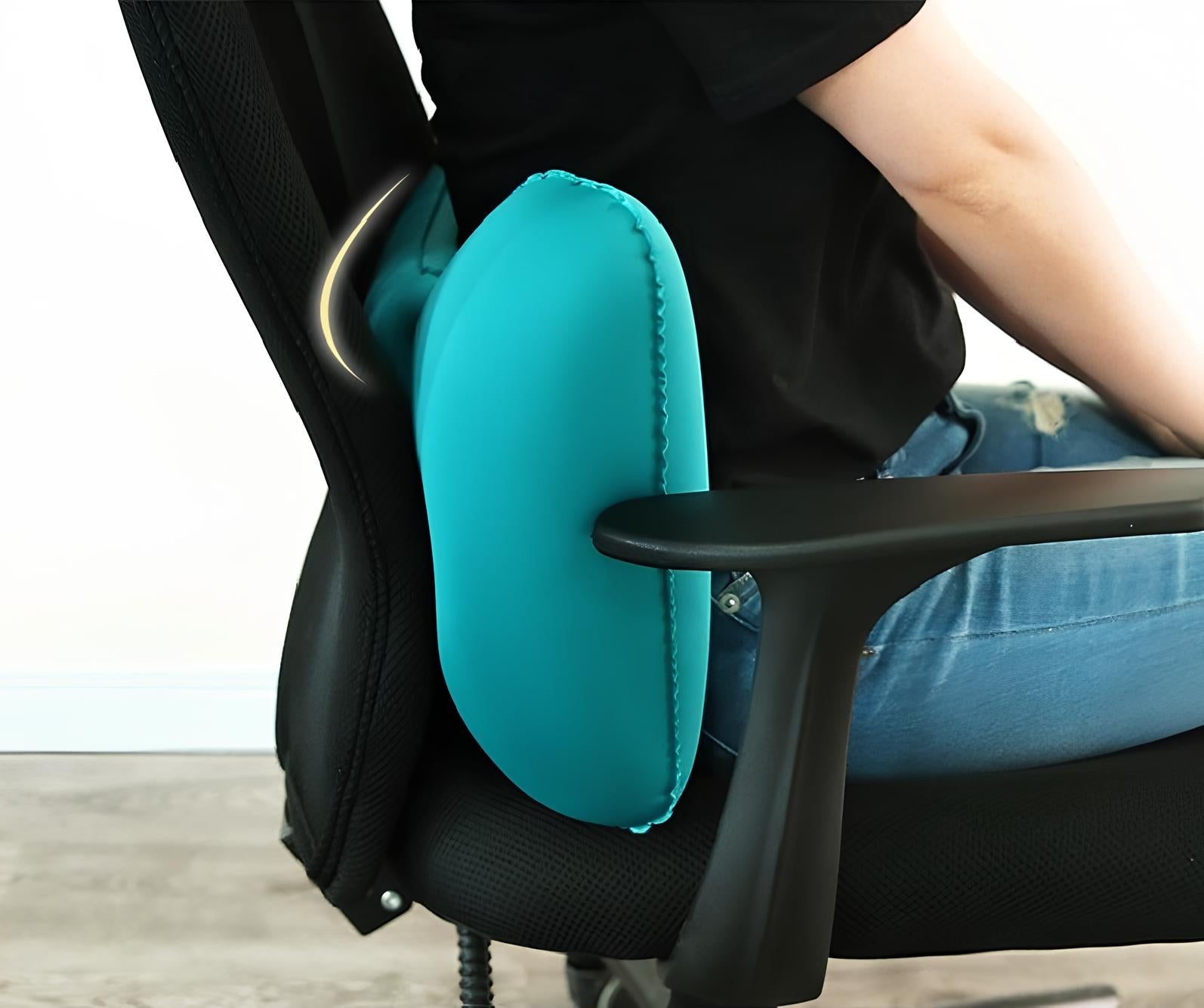 Ergonomic office chair with turquoise lumbar support cushion, enhancing posture and comfort. Ideal for home office setups and back pain relief.