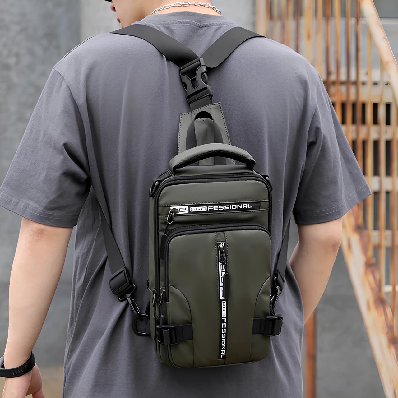 Man wearing a stylish green tactical crossbody bag with multiple zippers and adjustable straps, ideal for urban travel and outdoor activities.