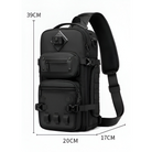 Black tactical sling backpack with multiple compartments, adjustable strap, and dimensions 39cm x 20cm x 17cm. Ideal for outdoor and travel use.